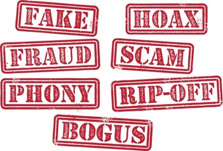 Red Stamped Words: Fake, Hoax, Fraud, Scam, Phony, Rip-Off, Bogus